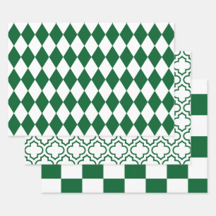 Feuille De Papier Cadeau Harlequin Marocain Damier DIY Couleurs Blanc Vert