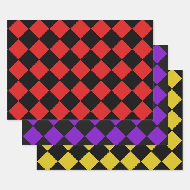 Feuille De Papier Cadeau Harlequin Motif Diamond en rouge violet et jaune (Lot)