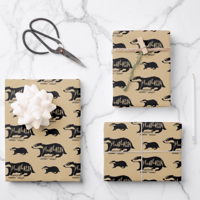 Feuille De Papier Cadeau Harry Potter | HUFFLEPUFF™ Silhouette Typographie (Recto)