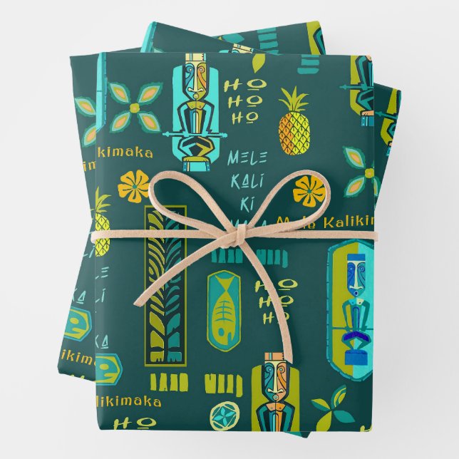 Feuille De Papier Cadeau Hawaiian Tiki Mele Kalikimaka enveloppement cadeau (En situation)