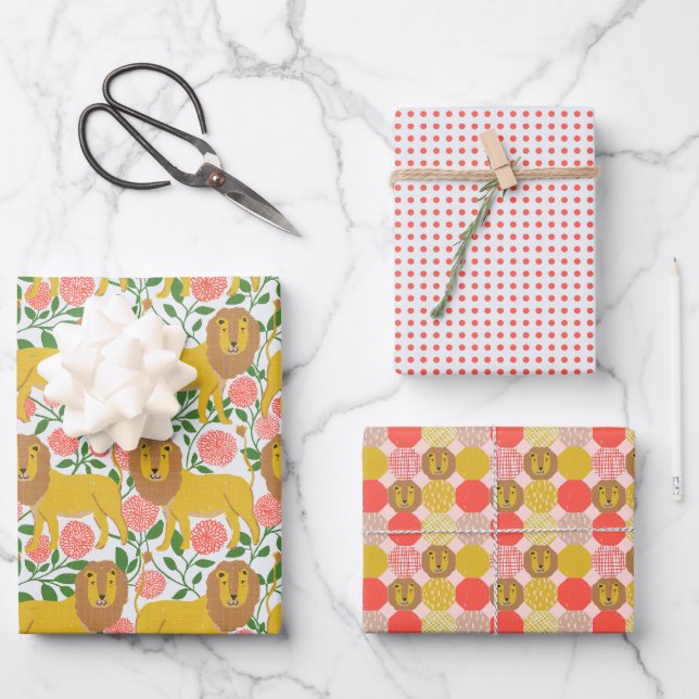 Feuille De Papier Cadeau Hé Lion ! Lions, À petits pois, Couleurs vives (Recto)