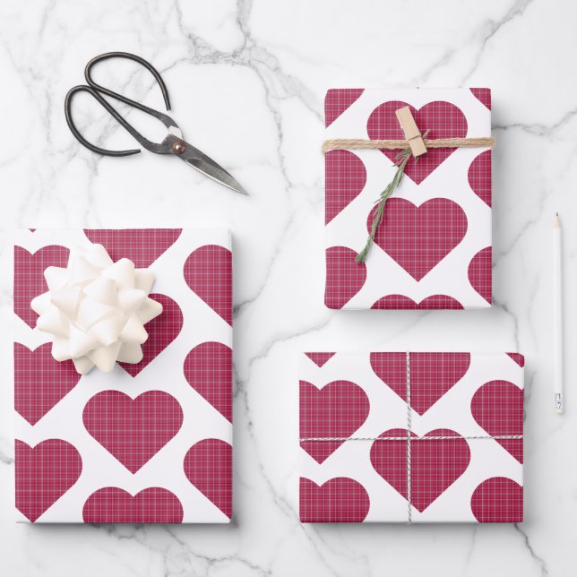 Feuille De Papier Cadeau Heart Shaped Plaid Red Pink (Recto)