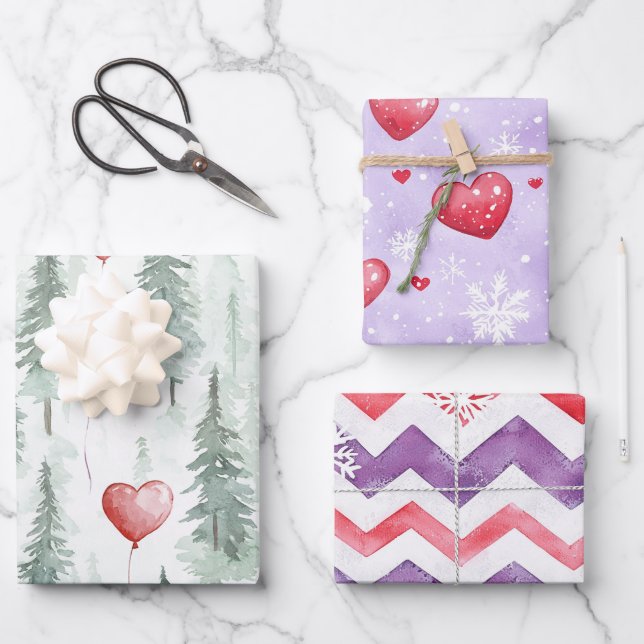 Feuille De Papier Cadeau Hearts Trees Snowflakes Red Purple Christmas (Recto)