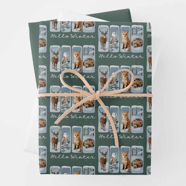 Feuille De Papier Cadeau Hello Winter Animals Deer Owl Fox Bear Cozy Season (En situation)