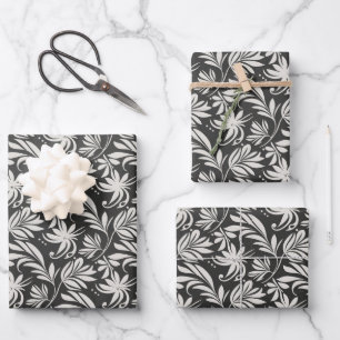Feuille De Papier Cadeau Herbes Plantes élégantes Motif Floral Blanc noir