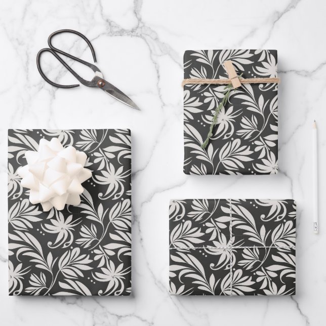 Feuille De Papier Cadeau Herbes Plantes élégantes Motif Floral Blanc noir (Recto)