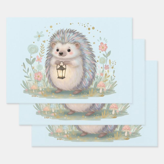 Feuille De Papier Cadeau Hérisson mignon avec lanterne (Lot)