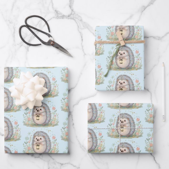 Feuille De Papier Cadeau Hérisson mignon avec motif lanterne (Recto)