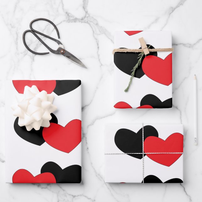 Feuille De Papier Cadeau Heureuse Sainte-Valentin Red Black Hearts (Recto)