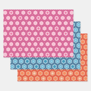 Feuille De Papier Cadeau Hexagonal Kimono Impression, rose, bleu, orange