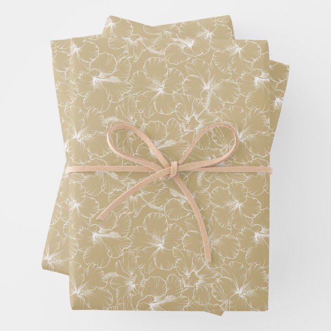 Feuille De Papier Cadeau Hibiscus blanc floral sur or (En situation)