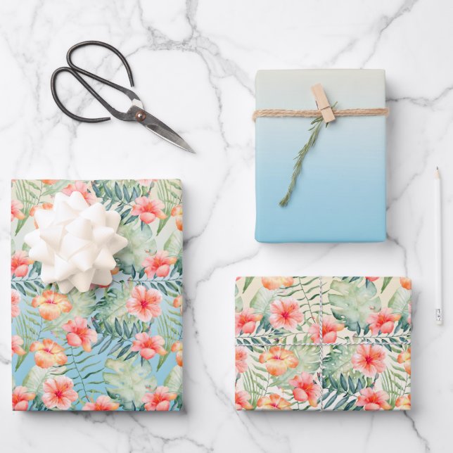 Feuille De Papier Cadeau Hibiscus Floral de Pêche Rose Aqua Jaune (Recto)