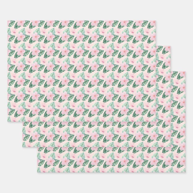 Feuille De Papier Cadeau Hibiscus hawaïen fleurs sur rose (Lot)