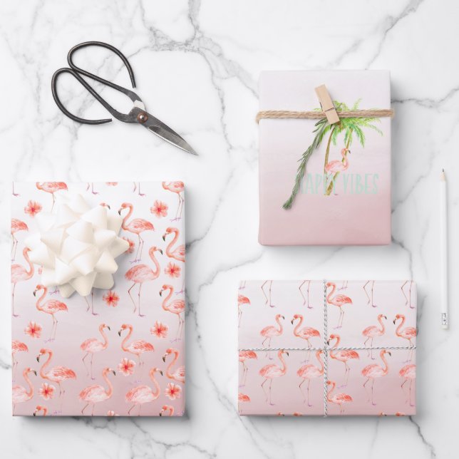 Feuille De Papier Cadeau Hibiscus rose Flamants roses (Recto)