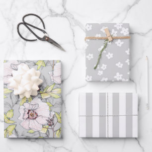 Feuille De Papier Cadeau Hibiscus Rose Fleur Sauvage Gris Blanc Rayure