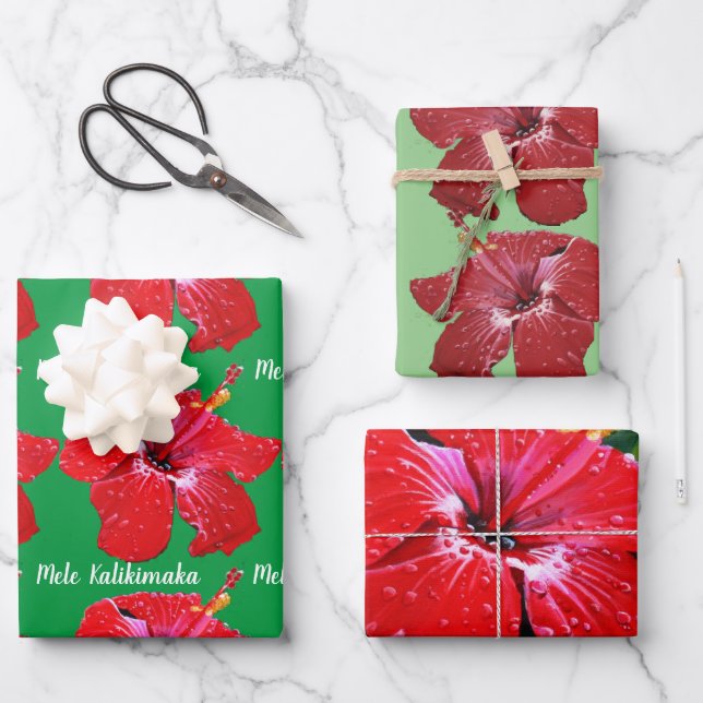 Feuille De Papier Cadeau Hibiscus rouge Mele Kalikimaka (Recto)