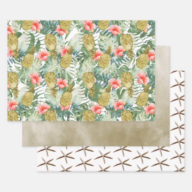 Feuille De Papier Cadeau Hibiscus tropical Ananas en or Floral (Lot)