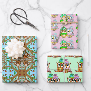 Feuille De Papier Cadeau Hibou à thème Anniversaire et Noël