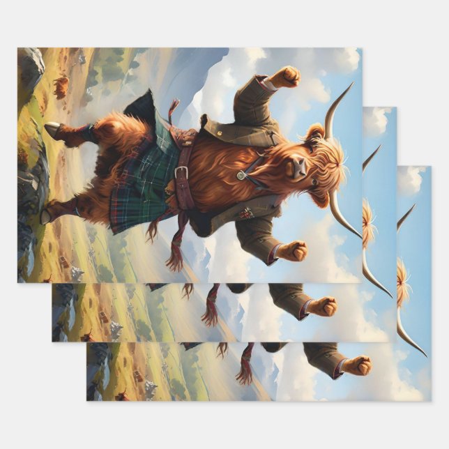 Feuille De Papier Cadeau Highland Cow Dansant Le Highland Fling, (Lot)
