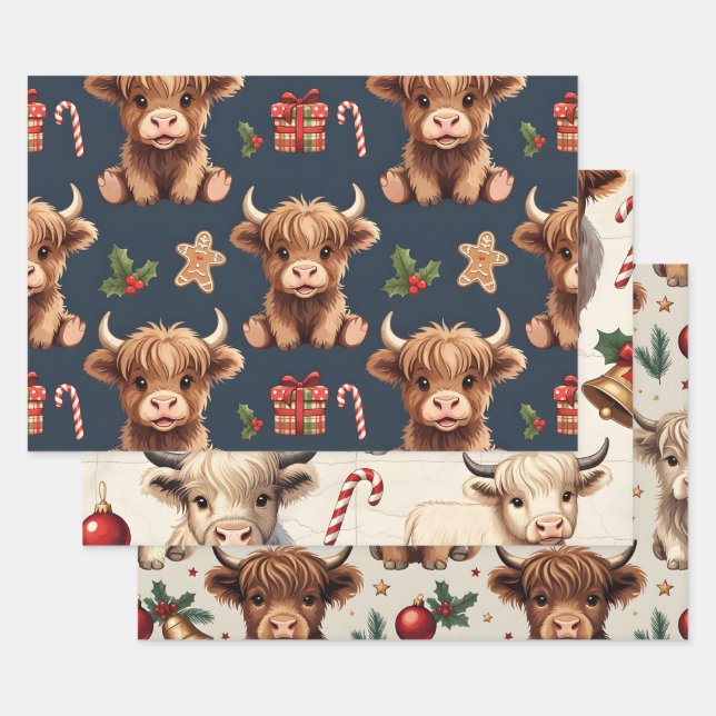 Feuille De Papier Cadeau Highland Cow Festive Santa Christmas (Lot)