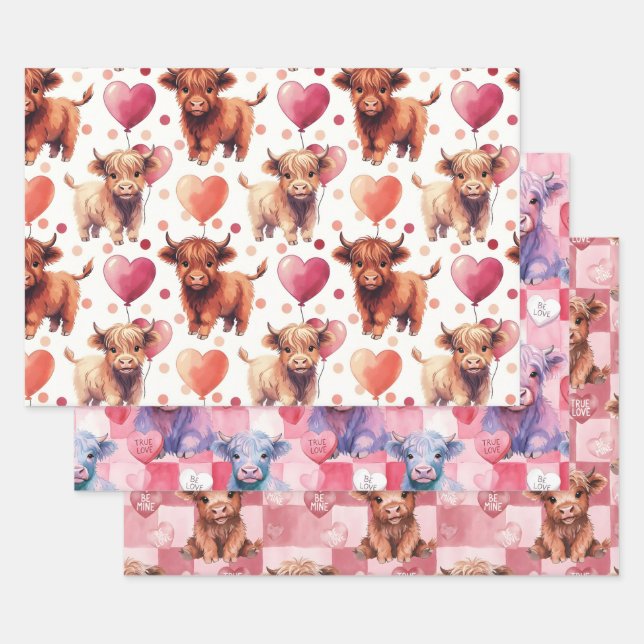 Feuille De Papier Cadeau Highland Cow Valentine Pink Balloon Hearts Gift (Lot)