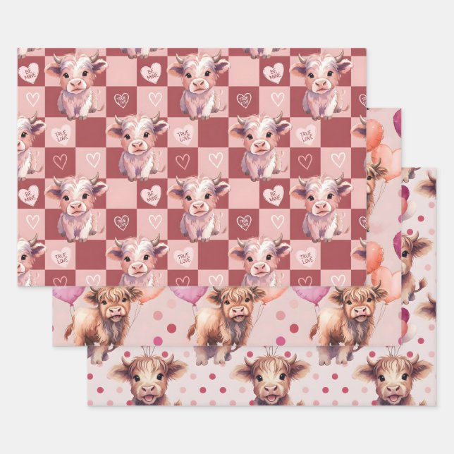 Feuille De Papier Cadeau Highland Cow Valentine Pink Candy Hearts Gift (Lot)