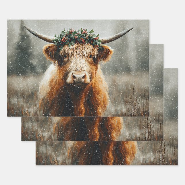 Feuille De Papier Cadeau Highland Cow With Christmas Wreath Crown (Lot)