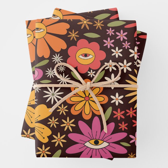 Feuille De Papier Cadeau Hippie Psychédélique les années 70 Fleurs Super Mo (En situation)