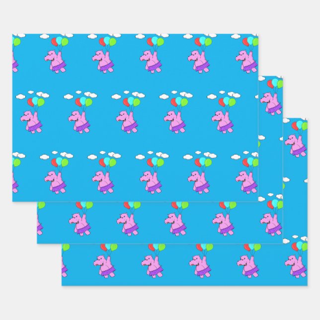 Feuille De Papier Cadeau Hippo Rose Volant Avec Ballons (Lot)