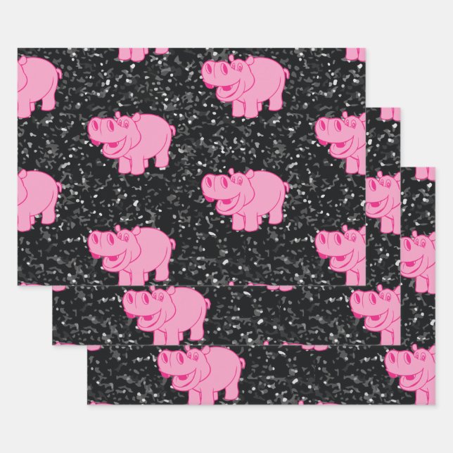 Feuille De Papier Cadeau Hippopotame rose Cute Hippopotame souriant (Lot)