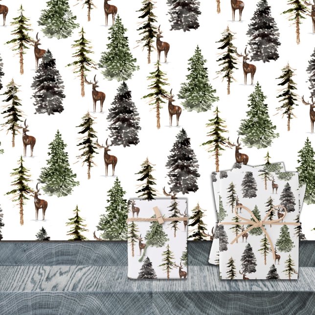 Feuille De Papier Cadeau Hiver Bois Pine Tree Forêt Reinder (Winter Woodland Pine Tree Forest Stag Reindeer Christmas Holiday Gift Wrapping Paper Sheets Trio)
