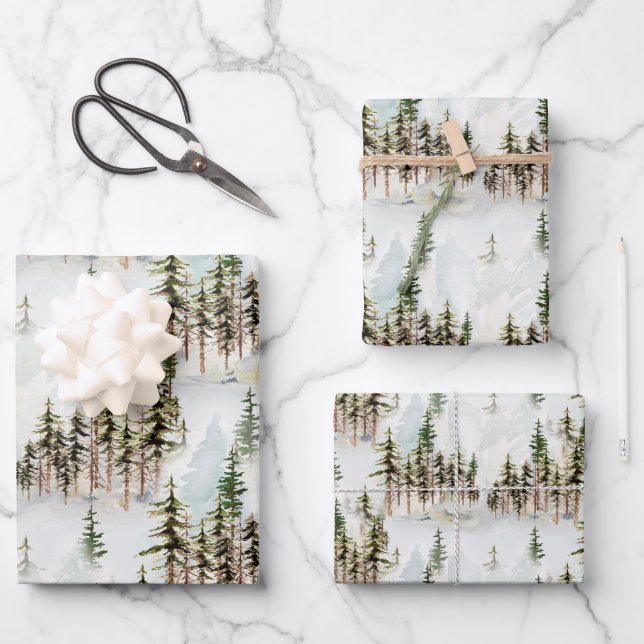 Feuille De Papier Cadeau Hiver Bois Snowy Pine Tree Forest Scène (Recto)