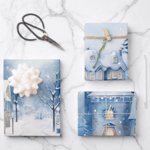 Feuille De Papier Cadeau Hiver Fairytale Snowy Houses Scène Bleu et Blanc