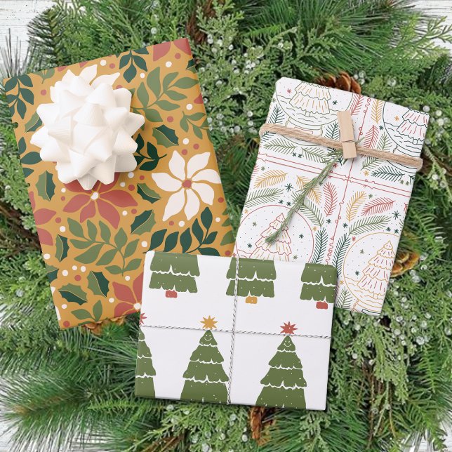 Feuille De Papier Cadeau Hiver Moderne Arbres Rétro Noël (Créateur téléchargé)
