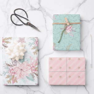 Feuille De Papier Cadeau hiver Poinsettia Pink Green Pastel Noël