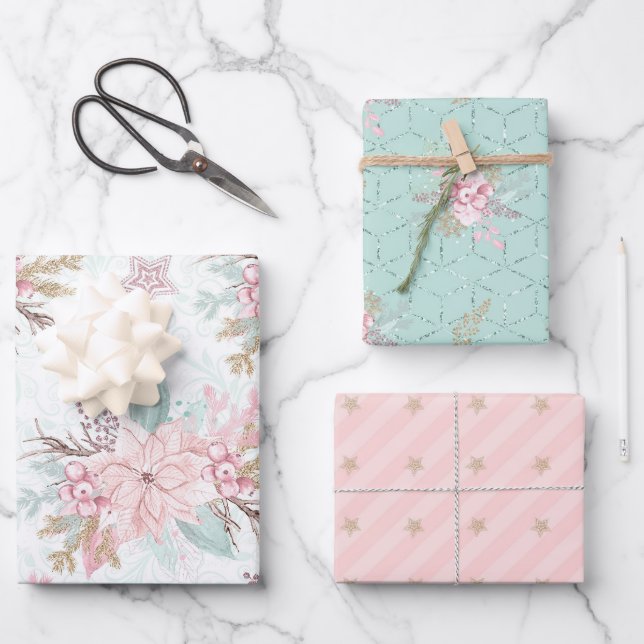 Feuille De Papier Cadeau hiver Poinsettia Pink Green Pastel Noël (Recto)