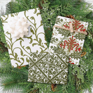 Feuille De Papier Cadeau Hiver Rouge Vert Damas traditionnel Noël