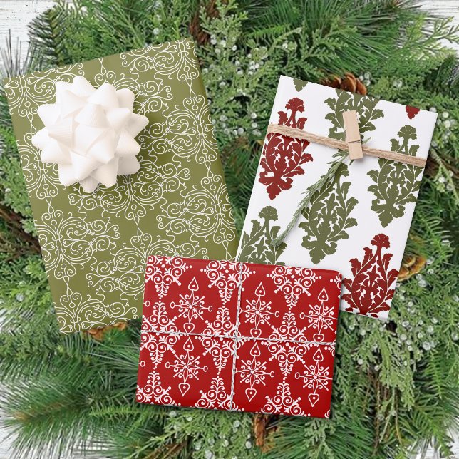 Feuille De Papier Cadeau Hiver Rouge Vert Damas traditionnel Noël (Créateur téléchargé)