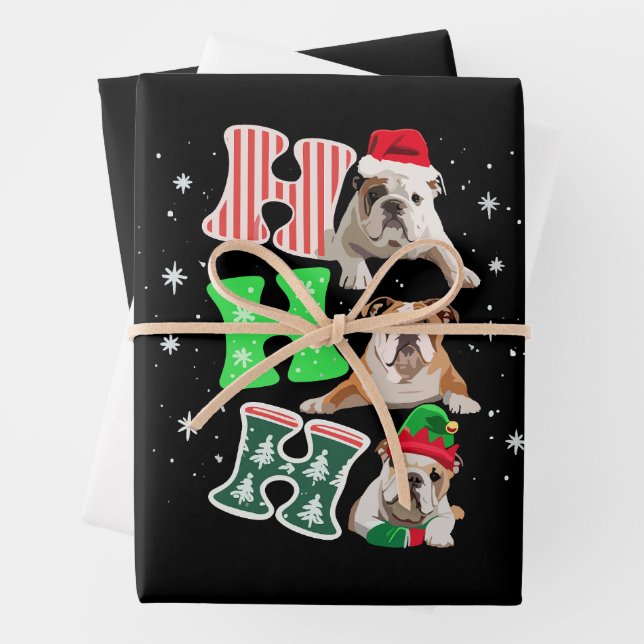 Feuille De Papier Cadeau Ho Ho Ho English Bulldog Santa Reindeer Christmas  (En situation)