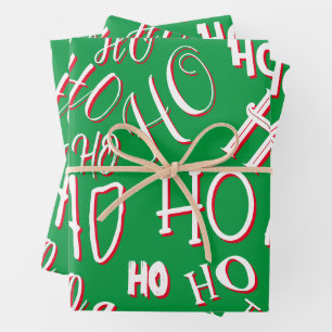 Feuille De Papier Cadeau HO HO HO Texte de Noël motif blanc vert rouge