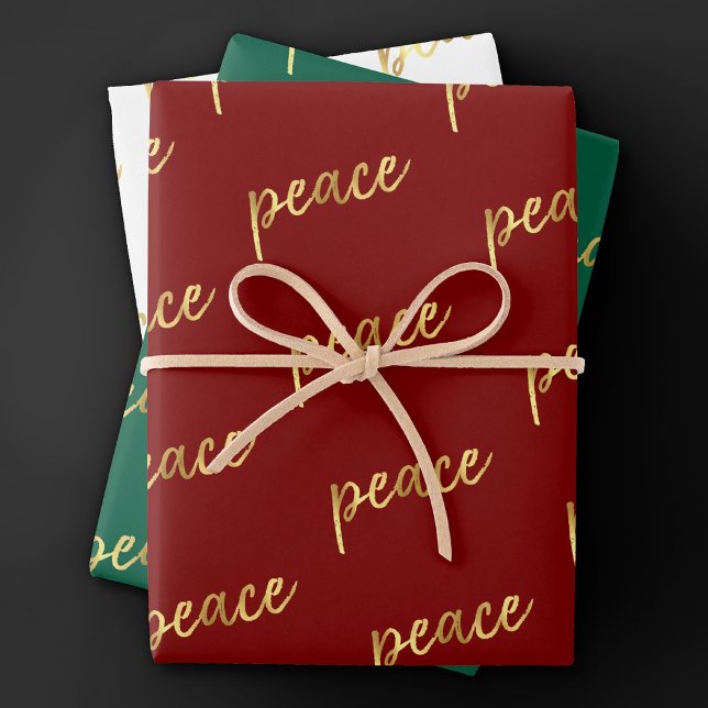 Feuille De Papier Cadeau Holiday Peace | Faux Gold Foil Calligraphie blanch (Créateur téléchargé)