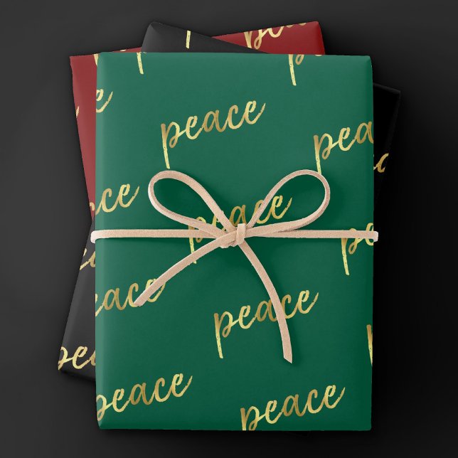 Feuille De Papier Cadeau Holiday Peace | Faux Gold Foil Calligraphie noir (Créateur téléchargé)