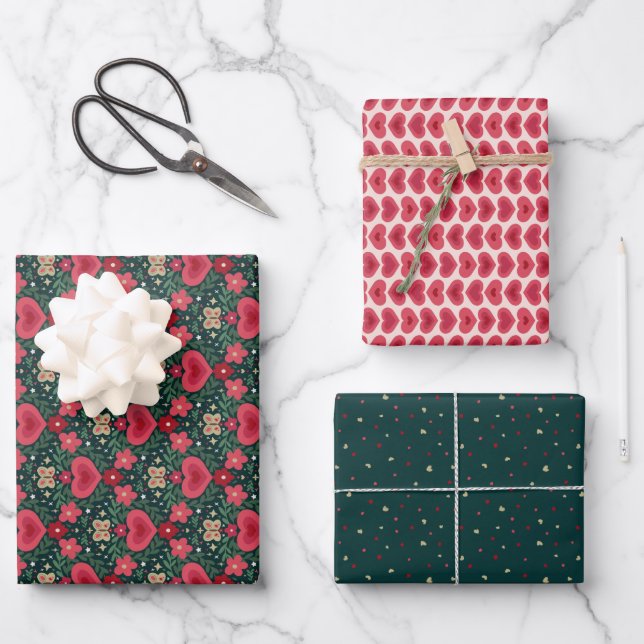 Feuille De Papier Cadeau Holiday Wrapping Paper Set – Hearts, Flowers, Dots (Recto)
