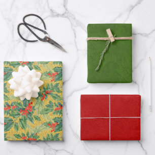 Feuille De Papier Cadeau Holly et Berries, Cuir rouge, Set texturé vert