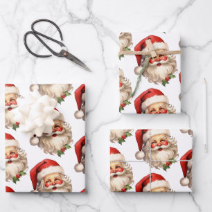Feuille De Papier Cadeau Holly Jolly Santa Claus Motif de Noël rétro