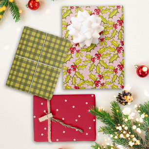 Feuille De Papier Cadeau Holly Pois En vichy Retro rose rouge Noël