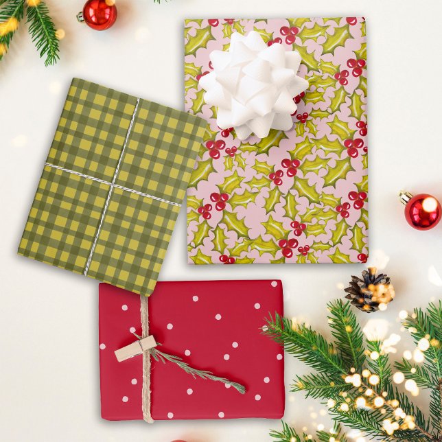 Feuille De Papier Cadeau Holly Pois En vichy Retro rose rouge Noël (Créateur téléchargé)