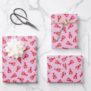 Feuille De Papier Cadeau Homards Rouges Illustrés sur Fond Rose Clair