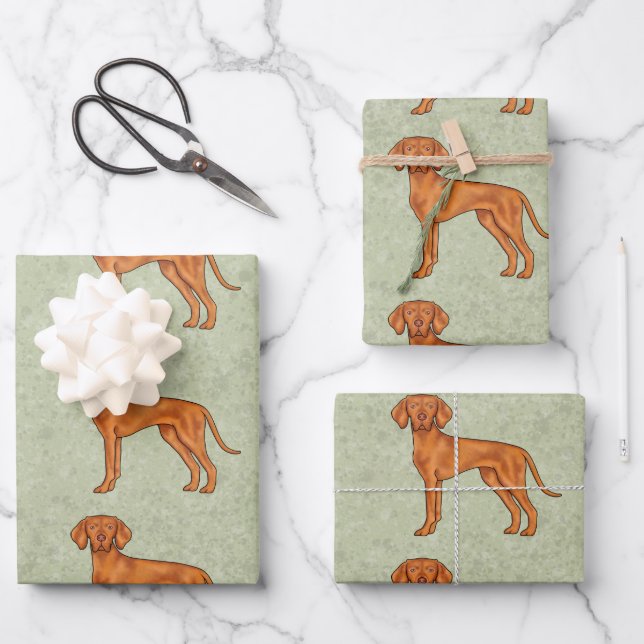 Feuille De Papier Cadeau Hongrois Vizsla Cute Pointer Chien Motif Vert (Recto)