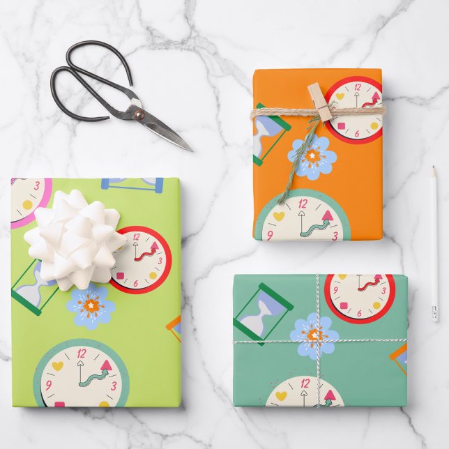 Feuille De Papier Cadeau Horloge mignonne et fête des fleurs (Créateur téléchargé)